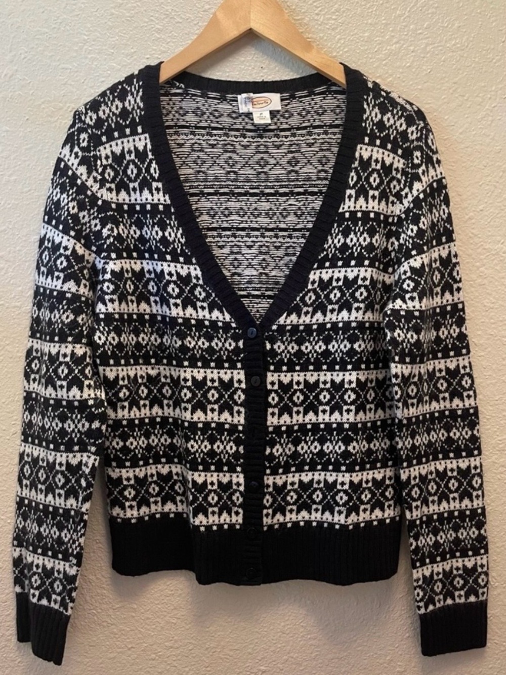 Talbots Women's Black Fair Isle Wool Angora Blend V-Neck Cardigan Sweater M